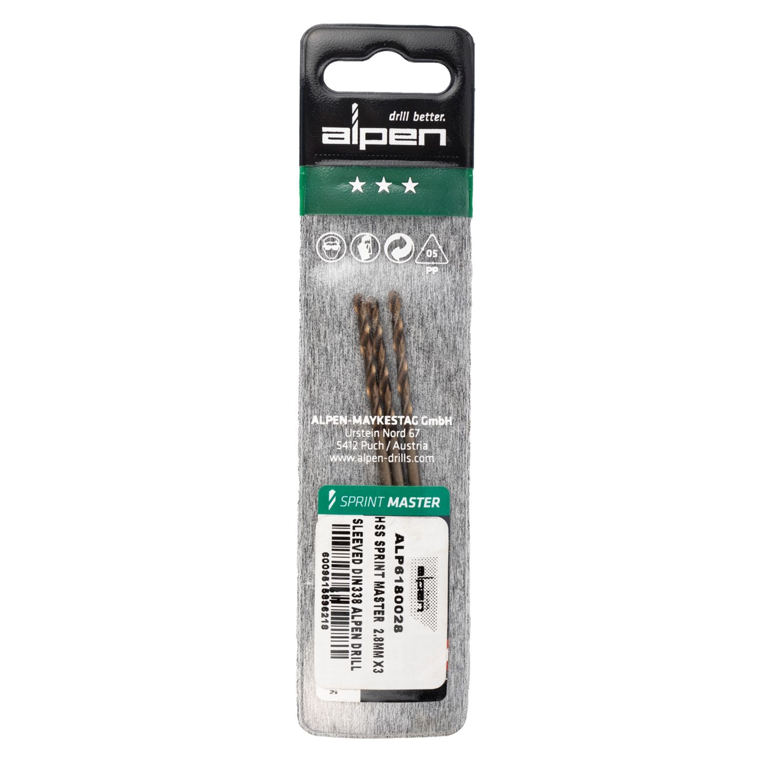 Hss Sprint Master 2.8mm X3 Sleeved Din338 ALPEN Drill Bit