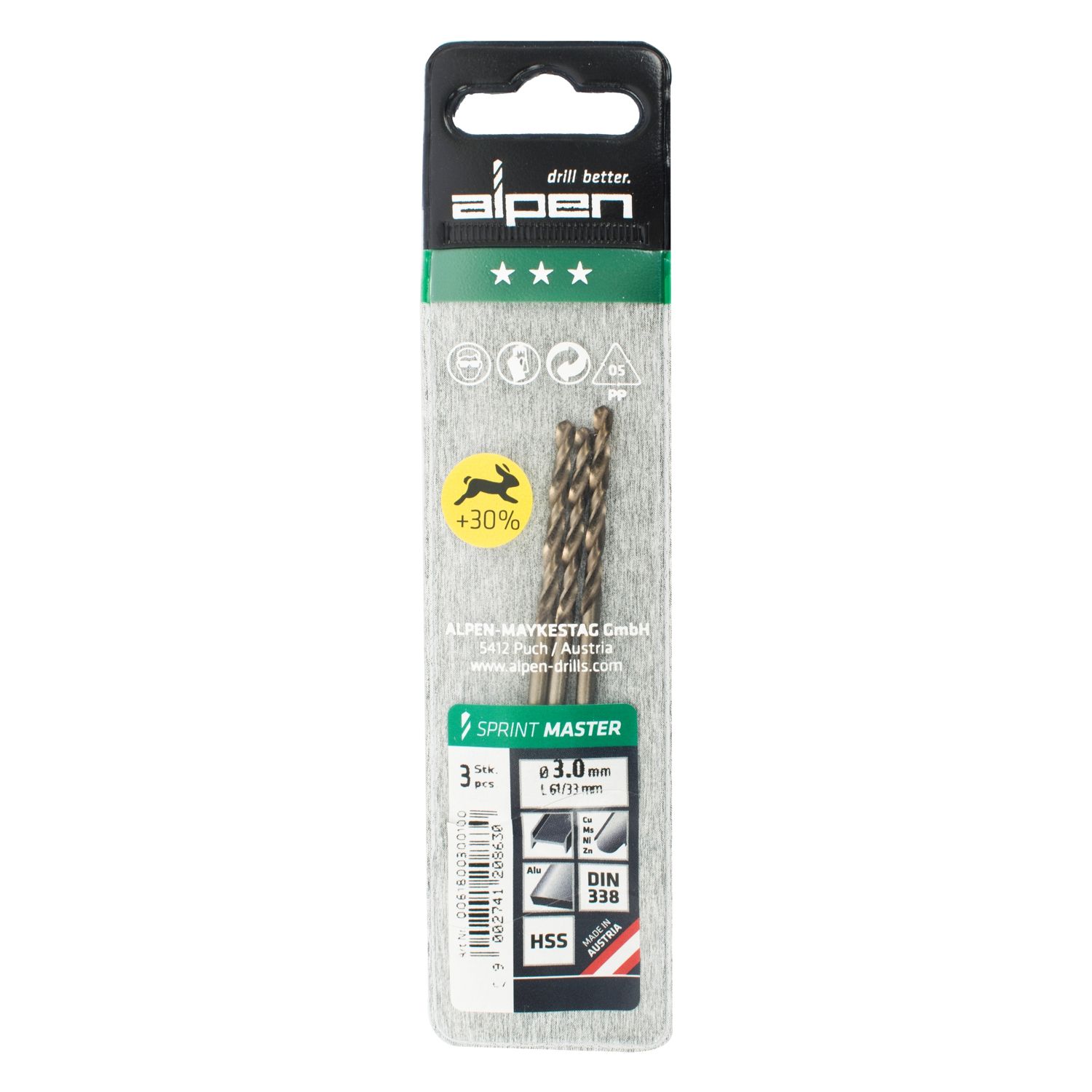 Hss Sprint Master 3.0mm X3 Sleeved Din338 ALPEN Drill Bit