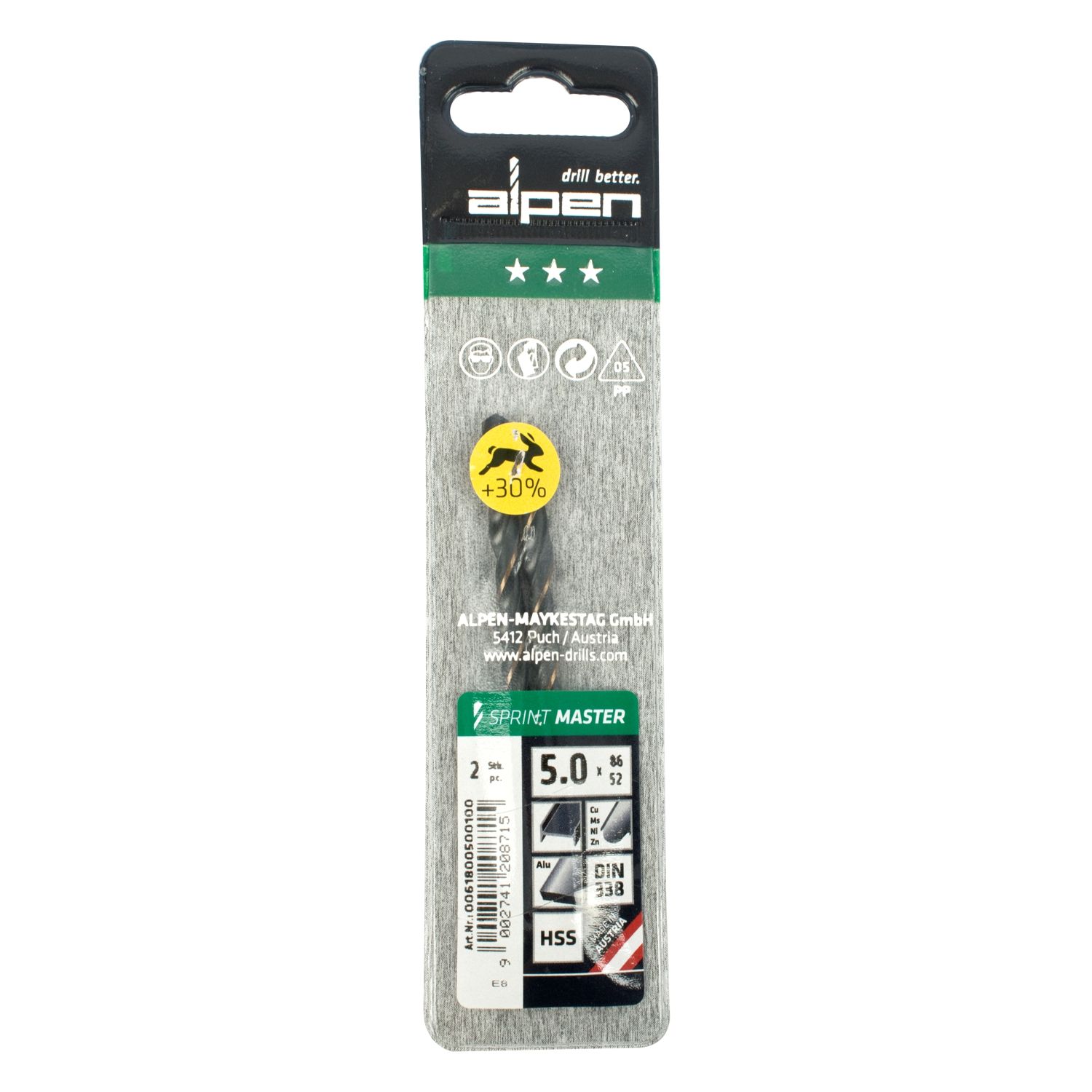 Hss Sprint Master 5.0mm X2 Sleeved Din338 ALPEN Drill Bit
