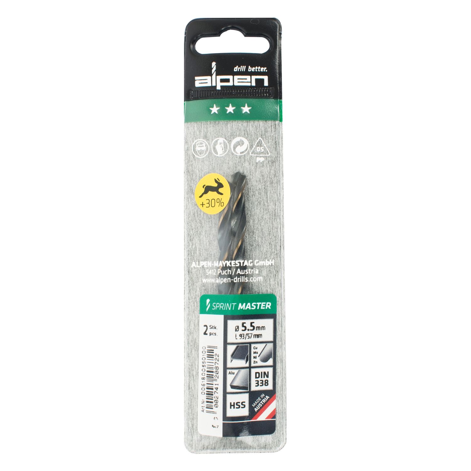 Hss Sprint Master 5.5mm X2 Sleeved Din338 ALPEN Drill Bit
