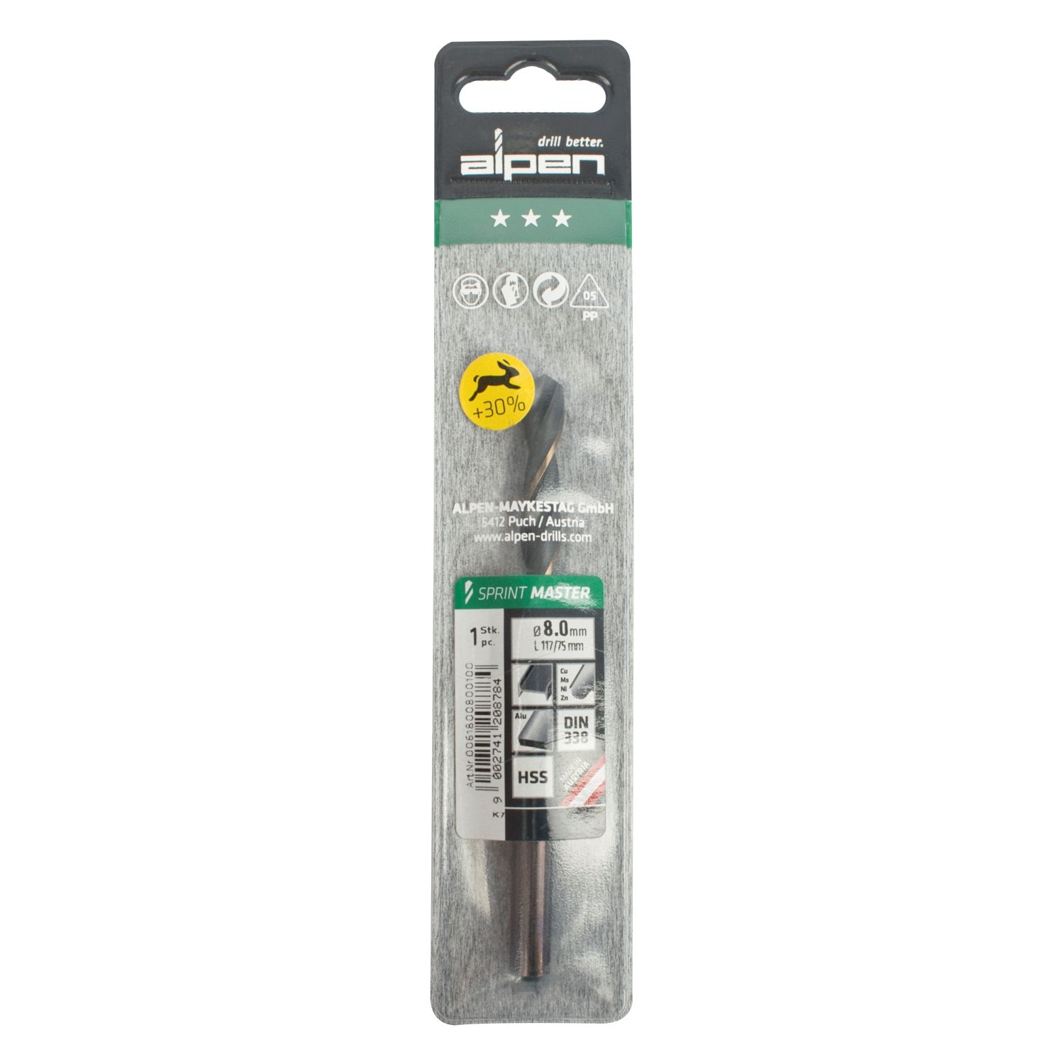 Hss Sprint Master 8.0mm X1 Sleeved Din338 ALPEN Drill Bit