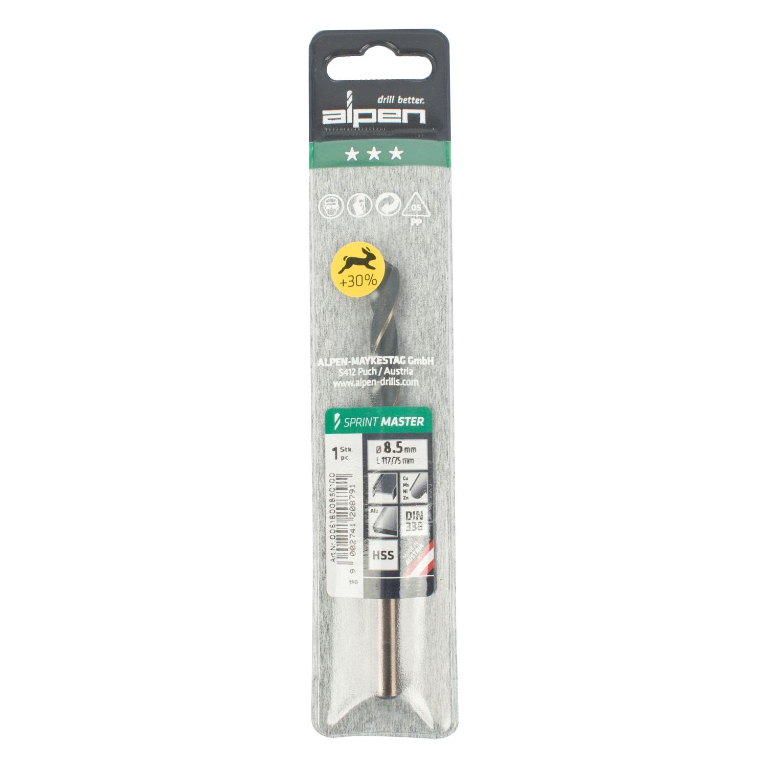 Hss Sprint Master 8.5mm X1 Sleeved Din338 ALPEN Drill Bit