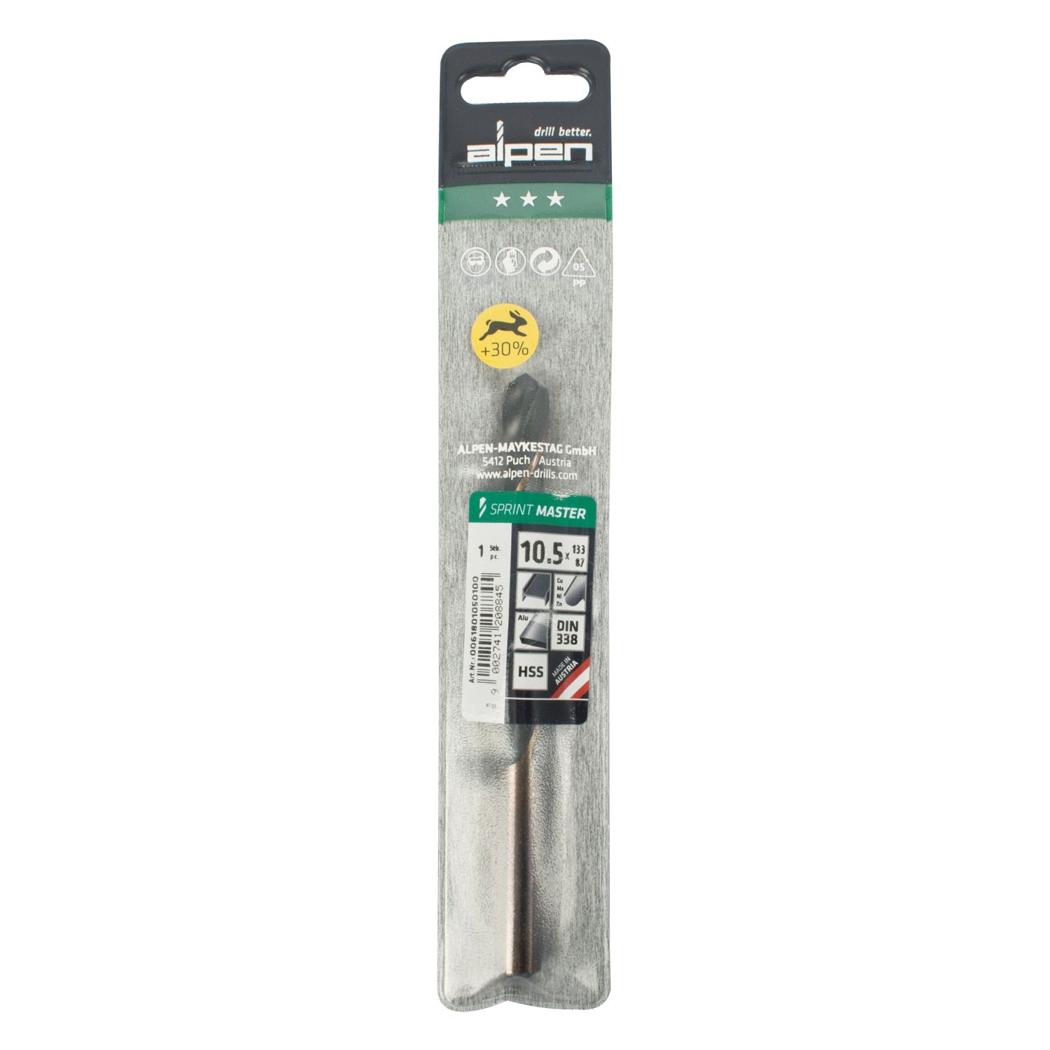 Hss Sprint Master 10.5mm X1 Sleeved Din338 ALPEN Drill Bit
