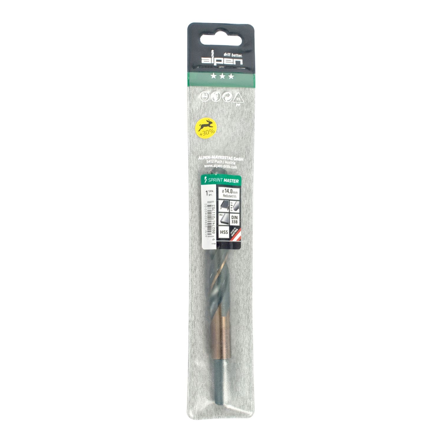 Hss Sprint Master 14.0mm Red Shank 9.5mm X1 Sleeved Din338 ALPEN Drill