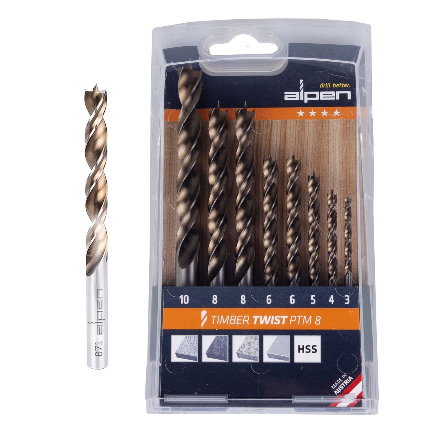 Timber Twist Wood Drill Bit Set Ptm8-8 3, 4, 5, 10.0mm, X2 6, 8.0mm