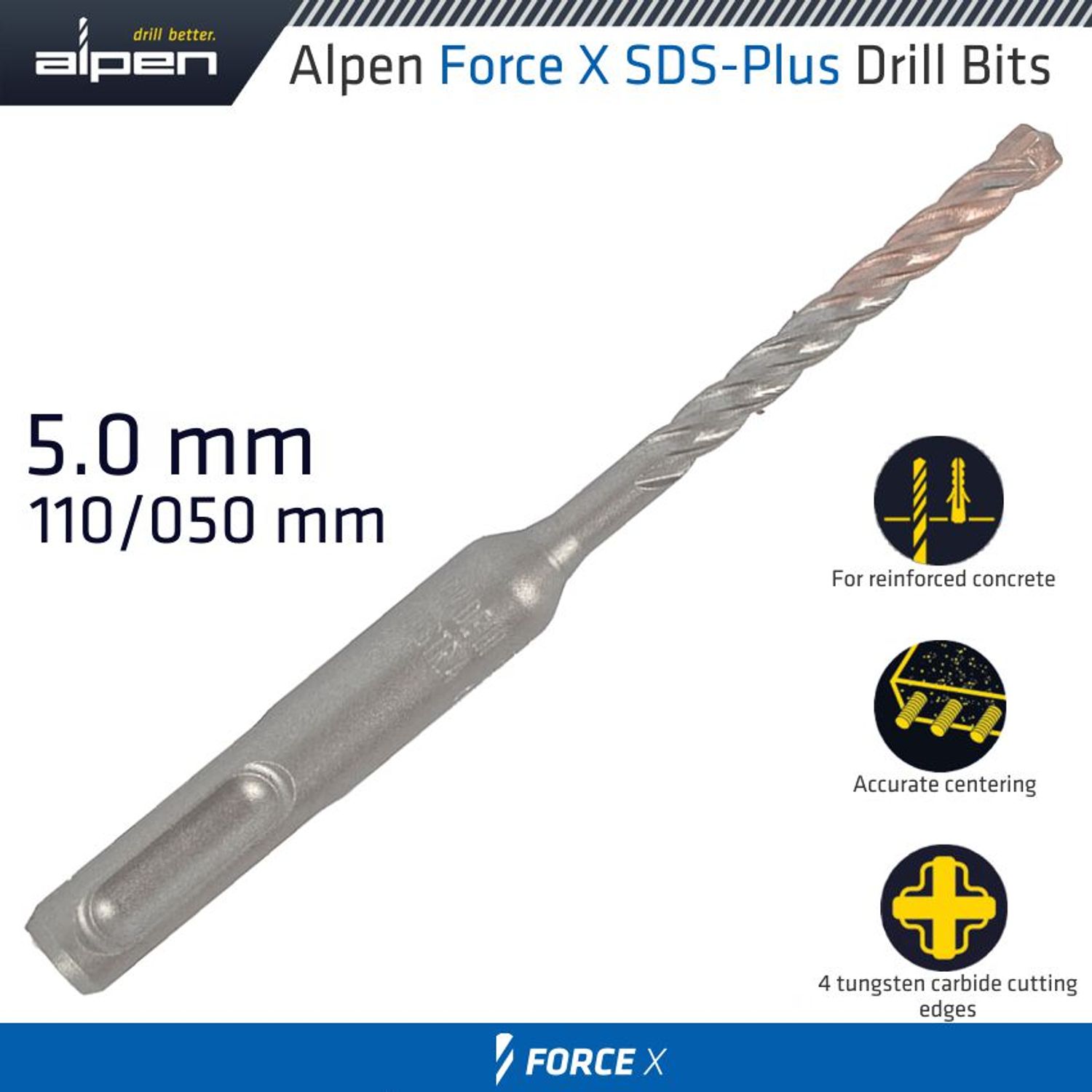 Force X 5.0 X 110/050 Sds-plus Rebar Drill Bit X4 Cutting Edges - Bulk