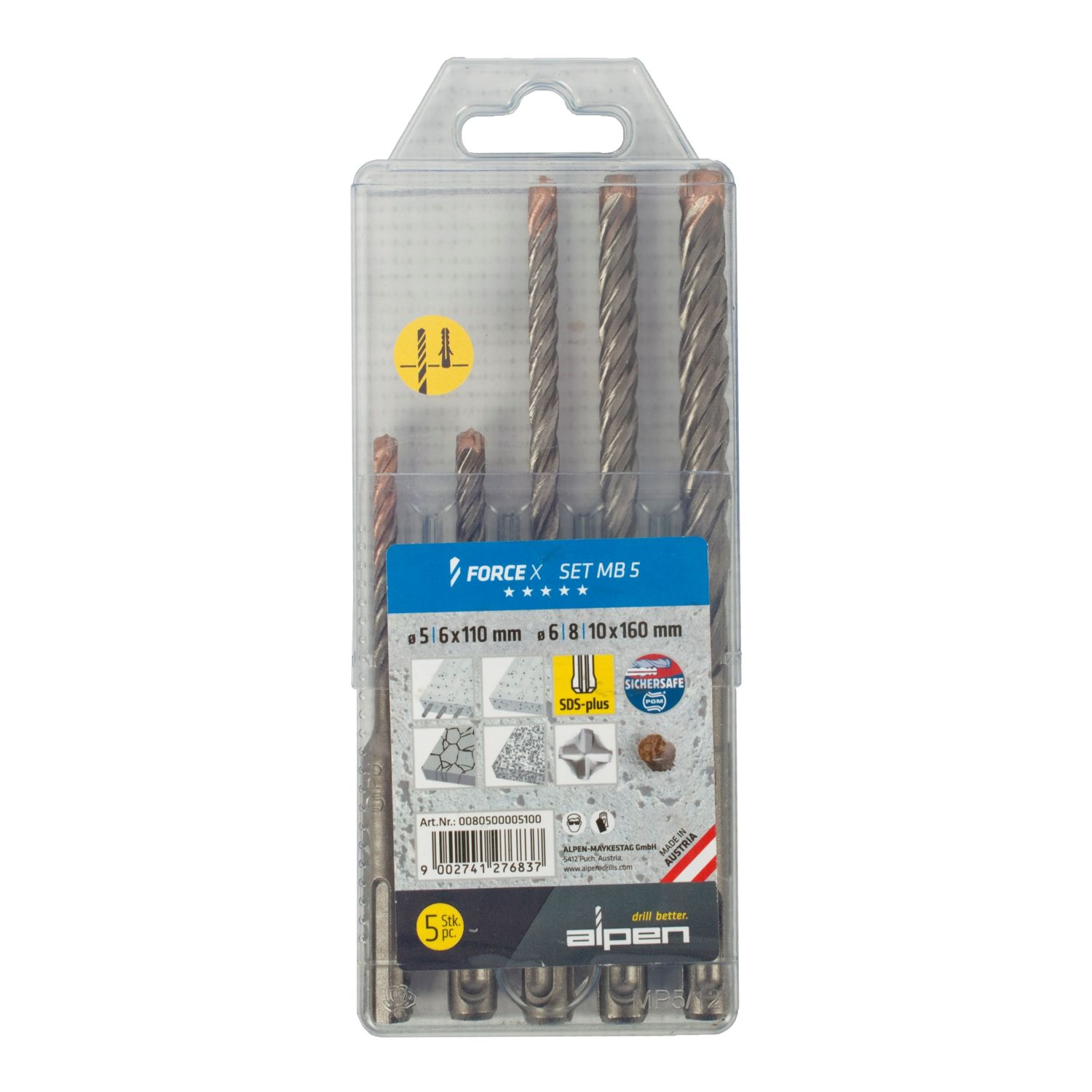 Force X Cassette Sds-plus Set Mb5 5 Pcs. 5.0/ 6.0 Mm X 110 And 6.0/ 8.