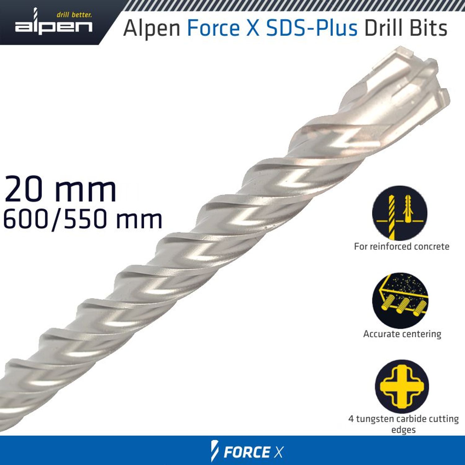 Force X 20.0 X 600/550 Sds-plus Rebar Drill Bit X4 Cutting Edges
