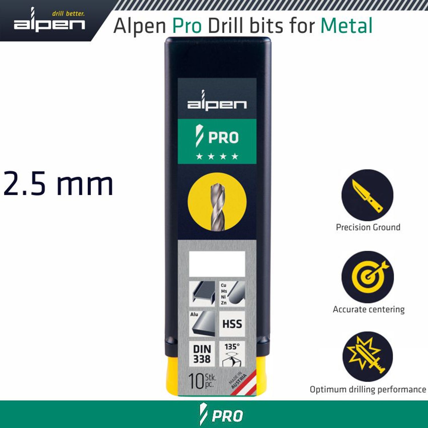ALPEN Pro 2.5mm Hss Drill Din 338 Rn 135 With Split Point Bulk