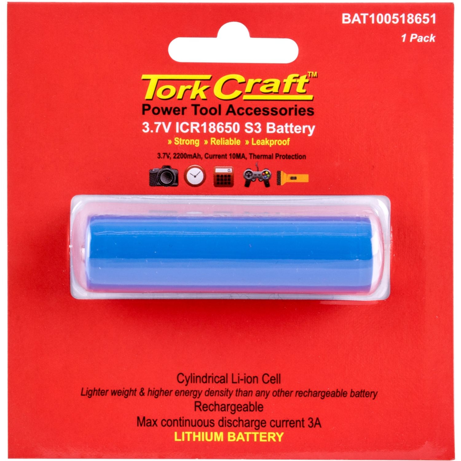 Battery 18650 Lithium 2200mah Rechargeable Carded 1pc