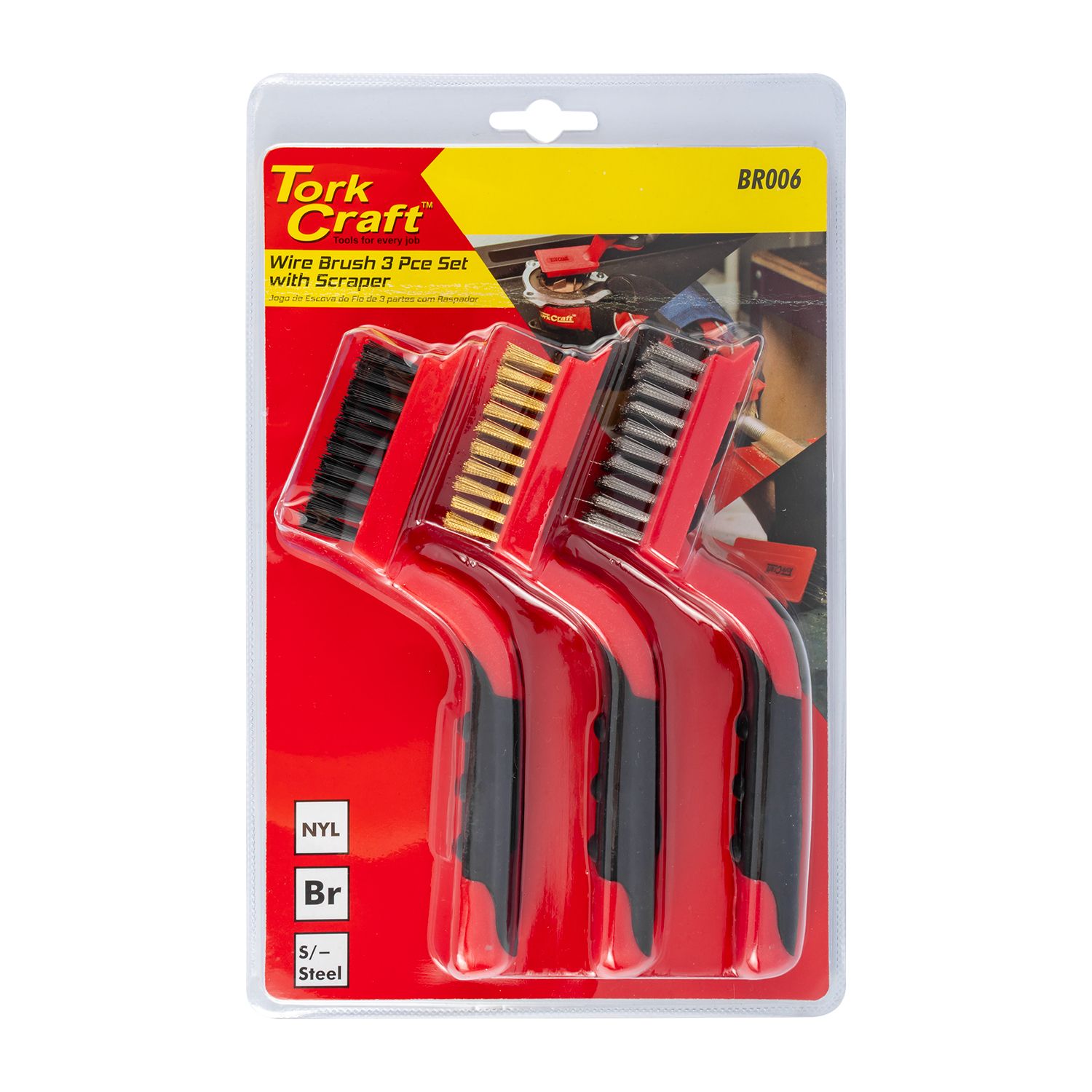 Soft Grip Wide Brush Set Brass Stainless Nylon In Blister Tcw