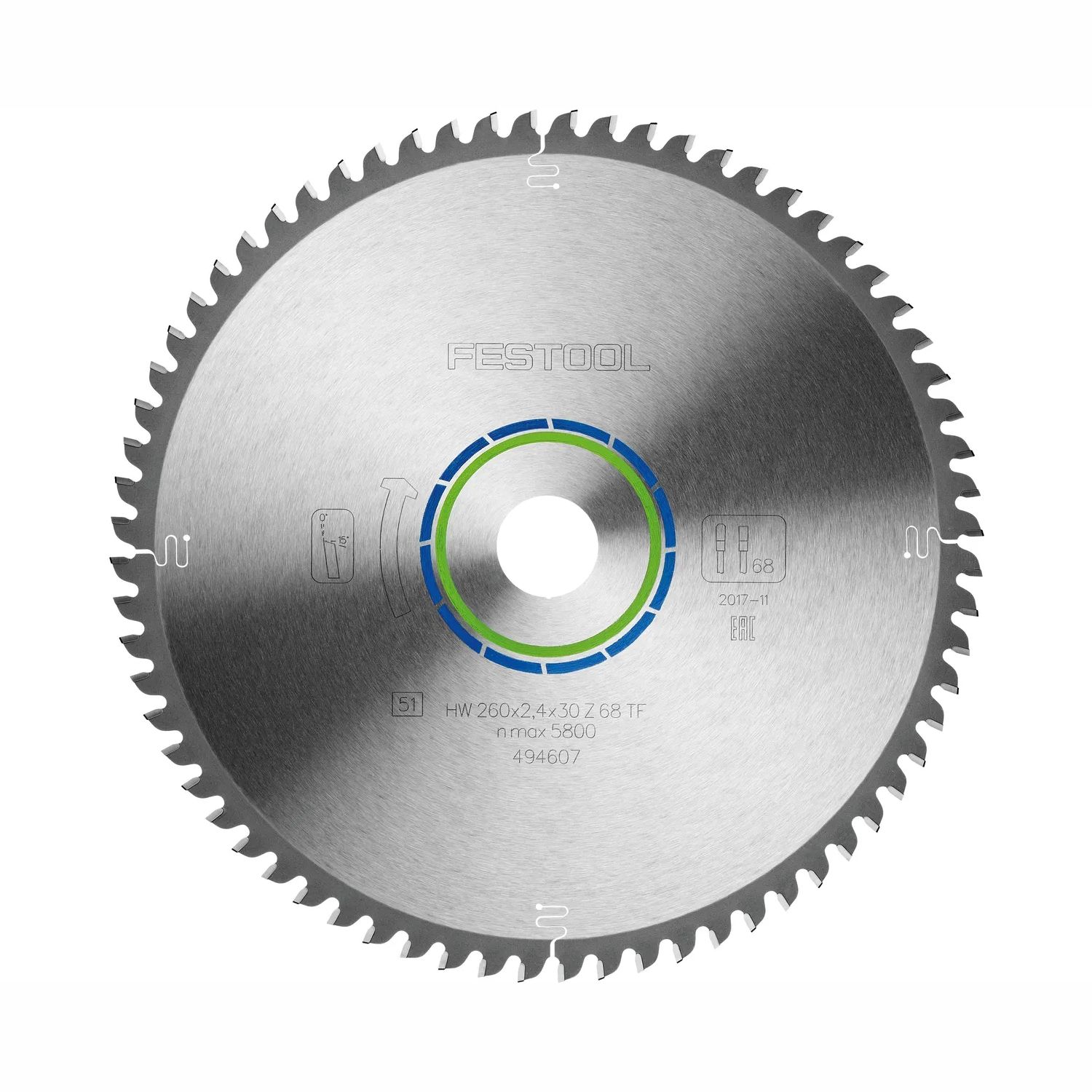 FESTOOL HW 260x2,4x30 TF68 Aluminium/Plastics Saw Blade 260mm 68T for KS 120 and KS 88
