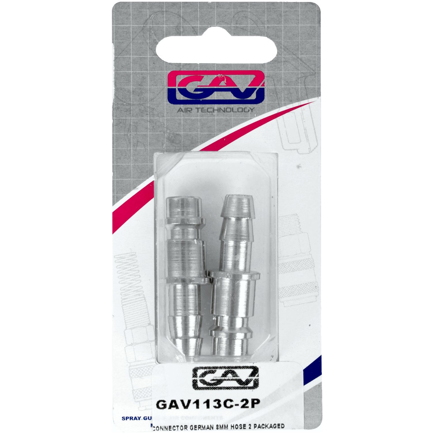 GAV113C-2P Connector German 8mm Hose 2 Packaged