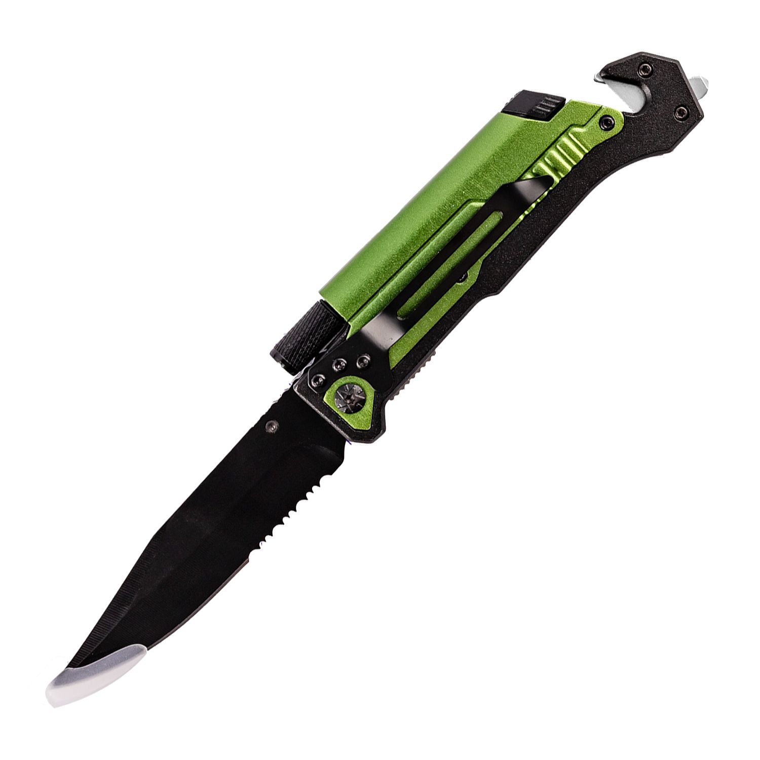 Knife Survival Green With Led Light & Fire Starter In Double Blister