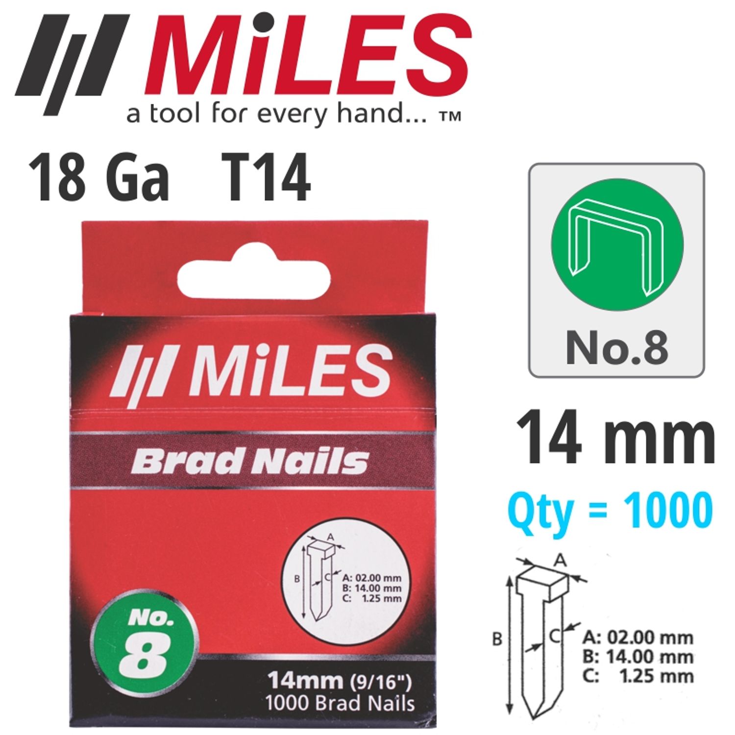 Galv Brad Nail T14 18g 14mm X 1000pcs MILES No8