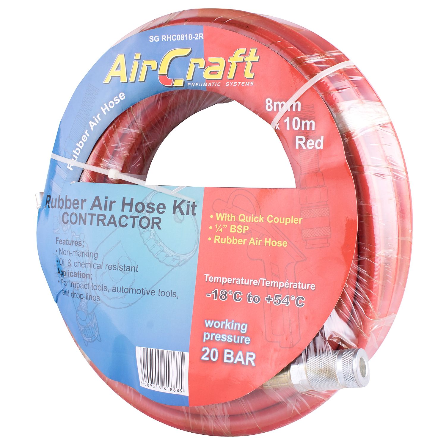 Rubber Hose Kit 8mmx10m Red W/aro Coupler