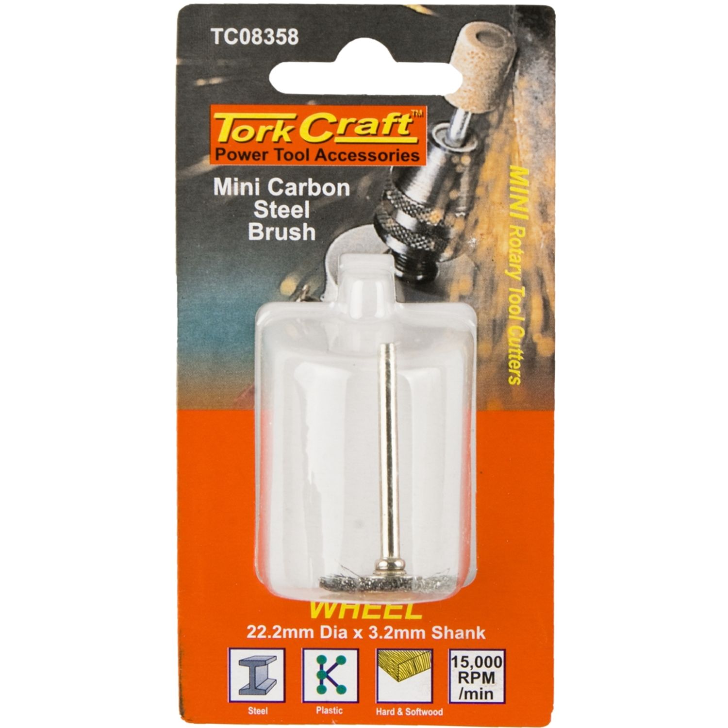 TORK CRAFT Mini Carbon Steel Brush Wheel 22.2mm with 3.2mm Shank