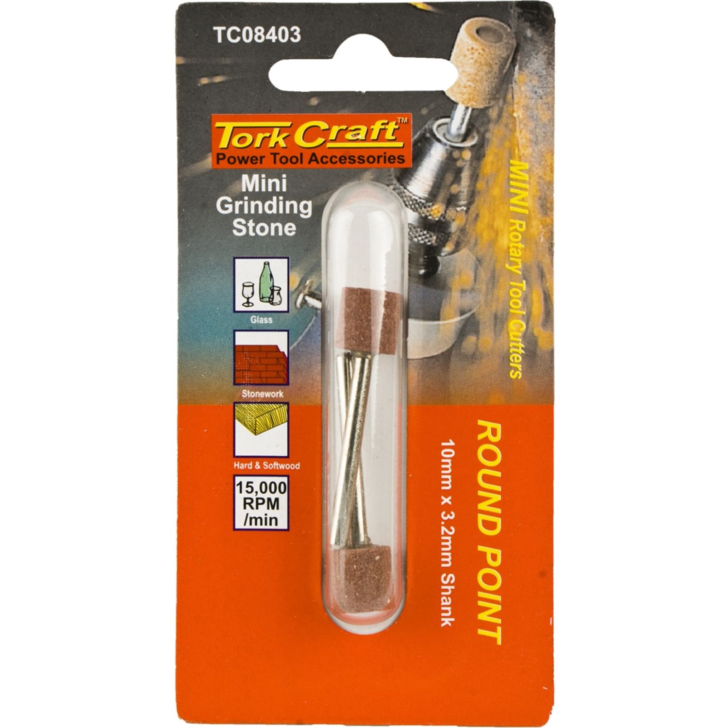 TORK CRAFT Mini Grinding Stone 11.1mm Round Point 3.2mm Shank 2 Piece