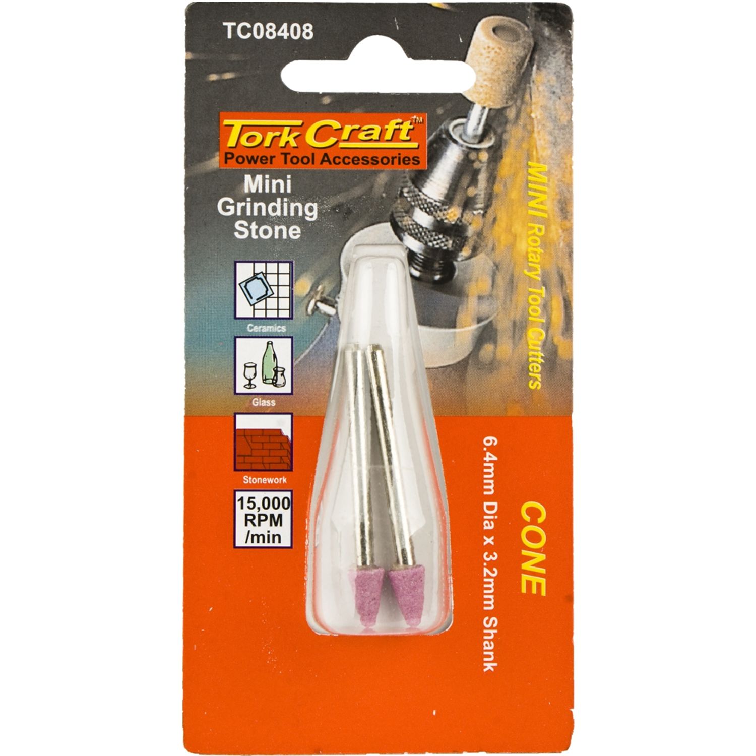 TORK CRAFT Mini Grinding Stone 6.4mm Cone 3.2mm Shank 2 Piece