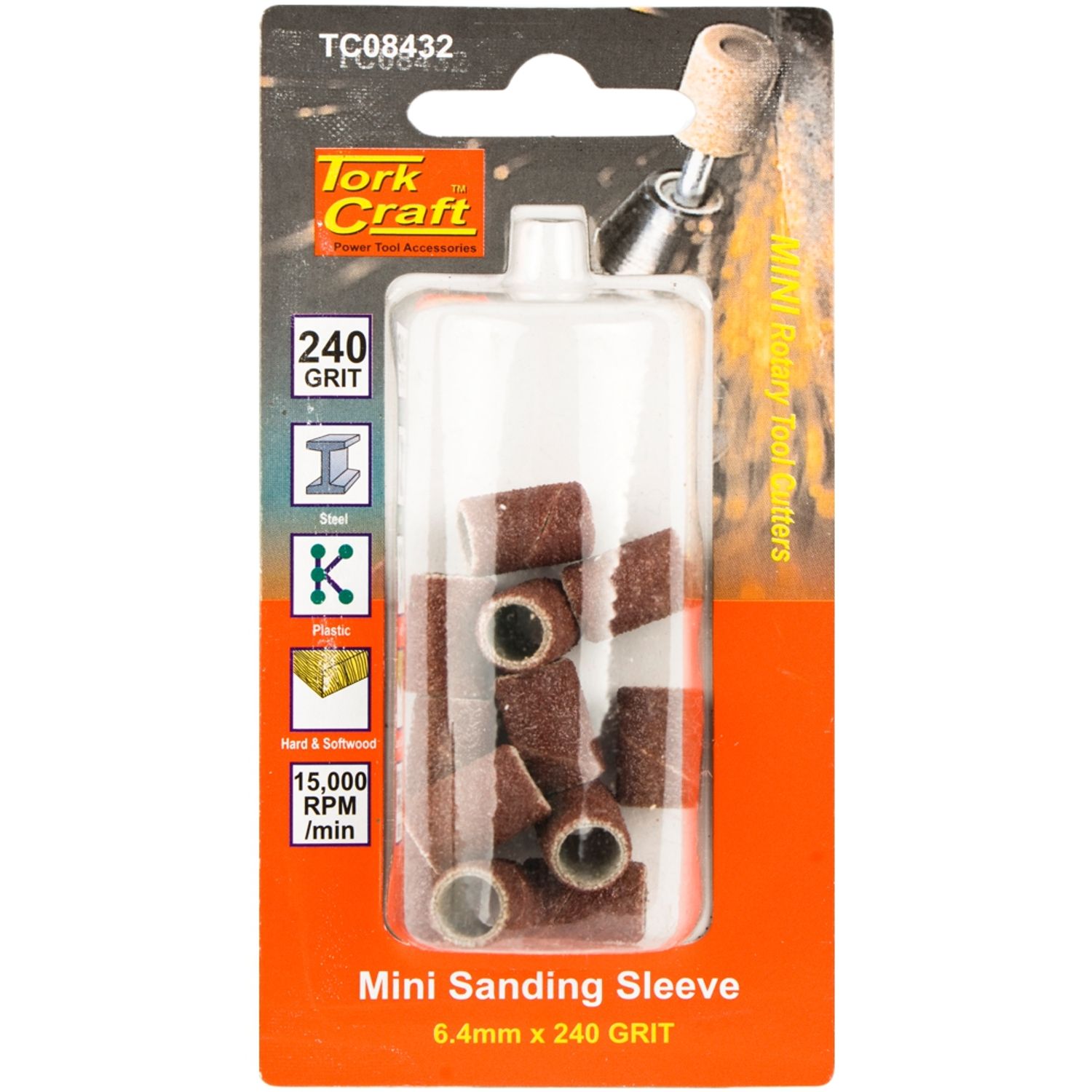 TORK CRAFT Mini Sanding Sleeve 6.4mm 240 Grit 12 Piece