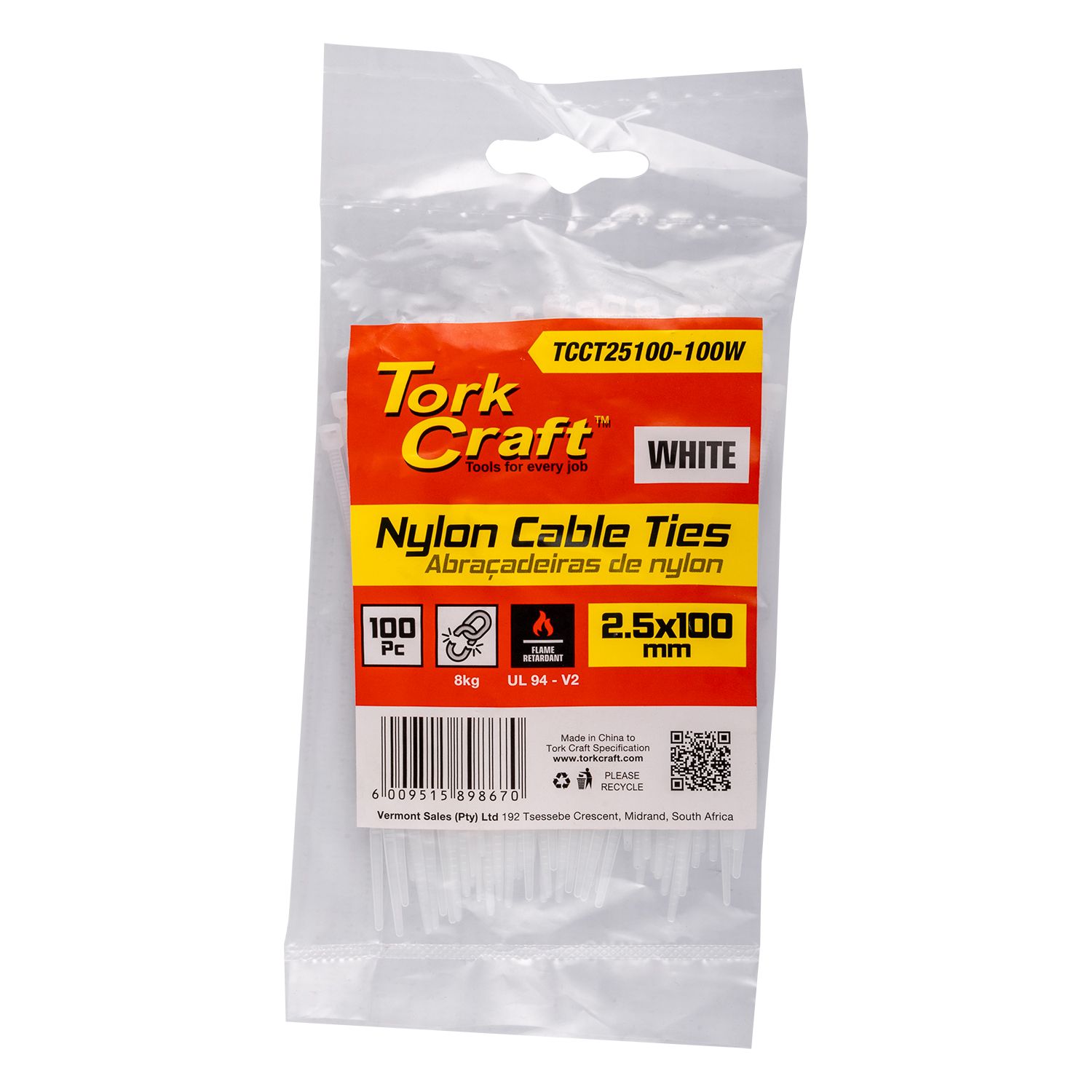 Nylon Cable Ties 2.5mm X 100mm White 100pc