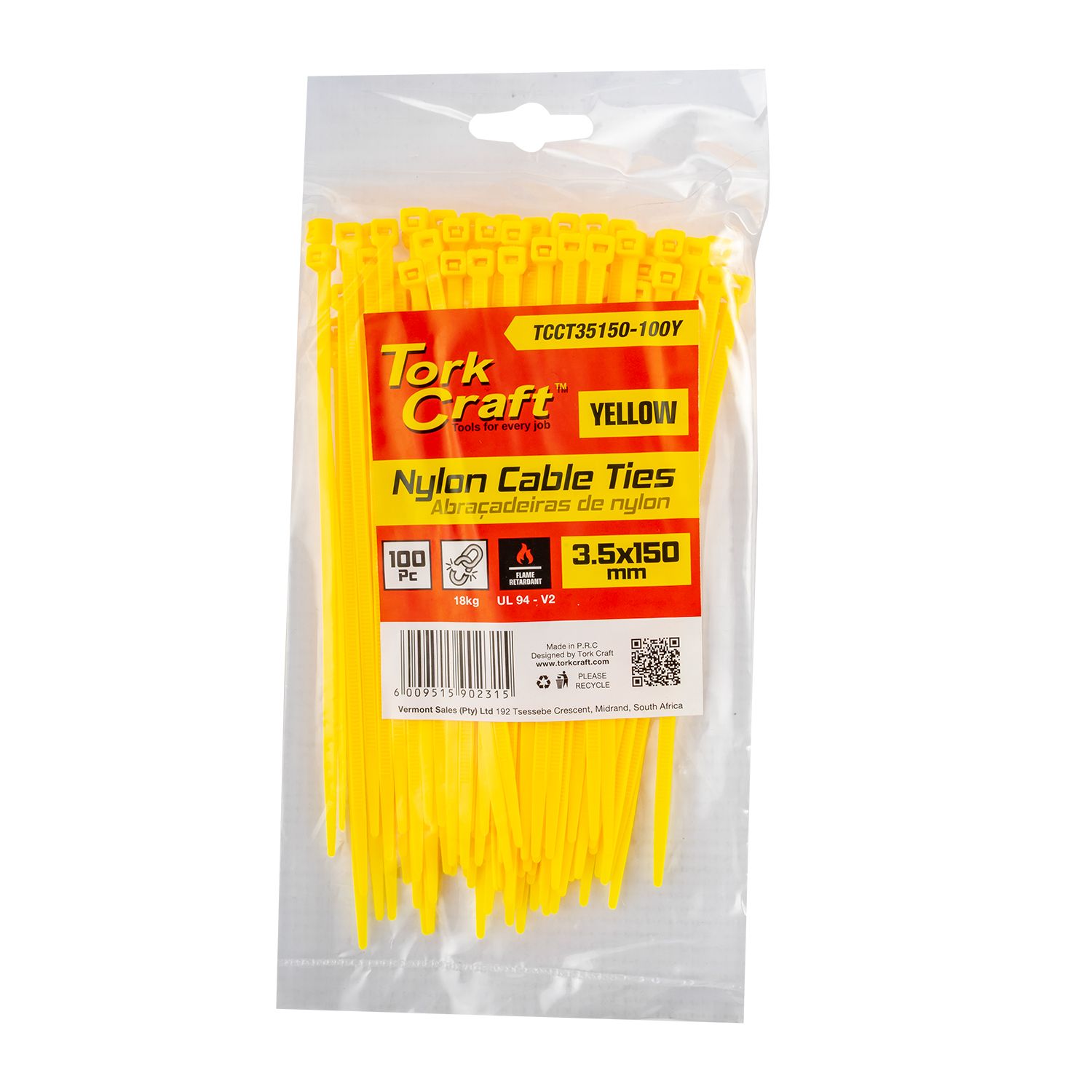 Nylon Cable Ties 3.5mm X 150mm Yellow 100pc
