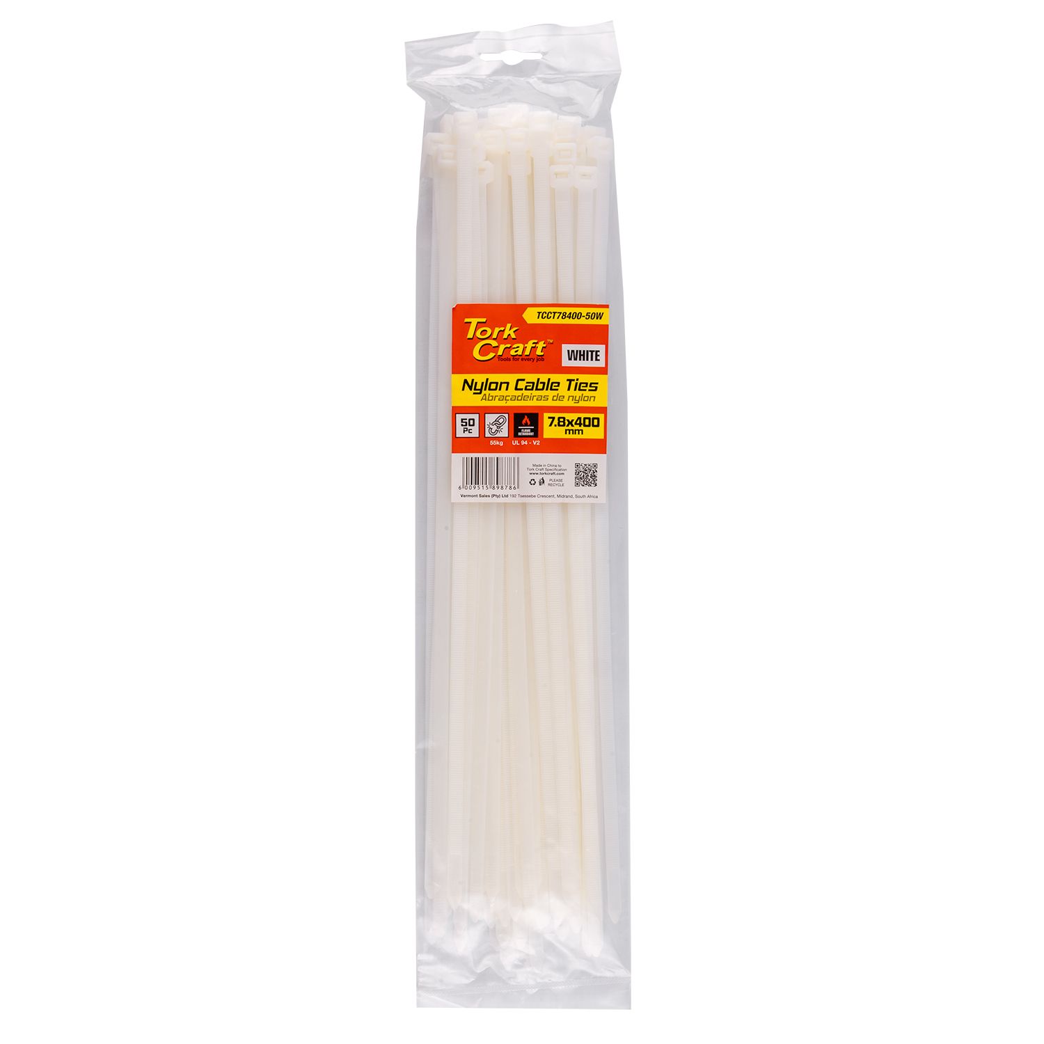 Nylon Cable Ties 7.6mm X 400mm White 50pc