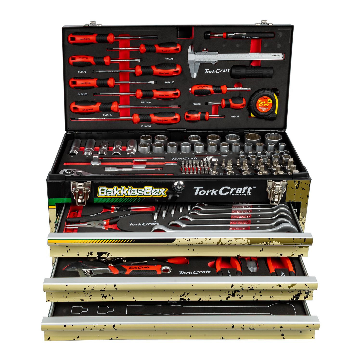 TORK CRAFT BakkiesBox Limited Edition 154-Piece 3-Drawer Track Box Tool Set TCTB154LTD