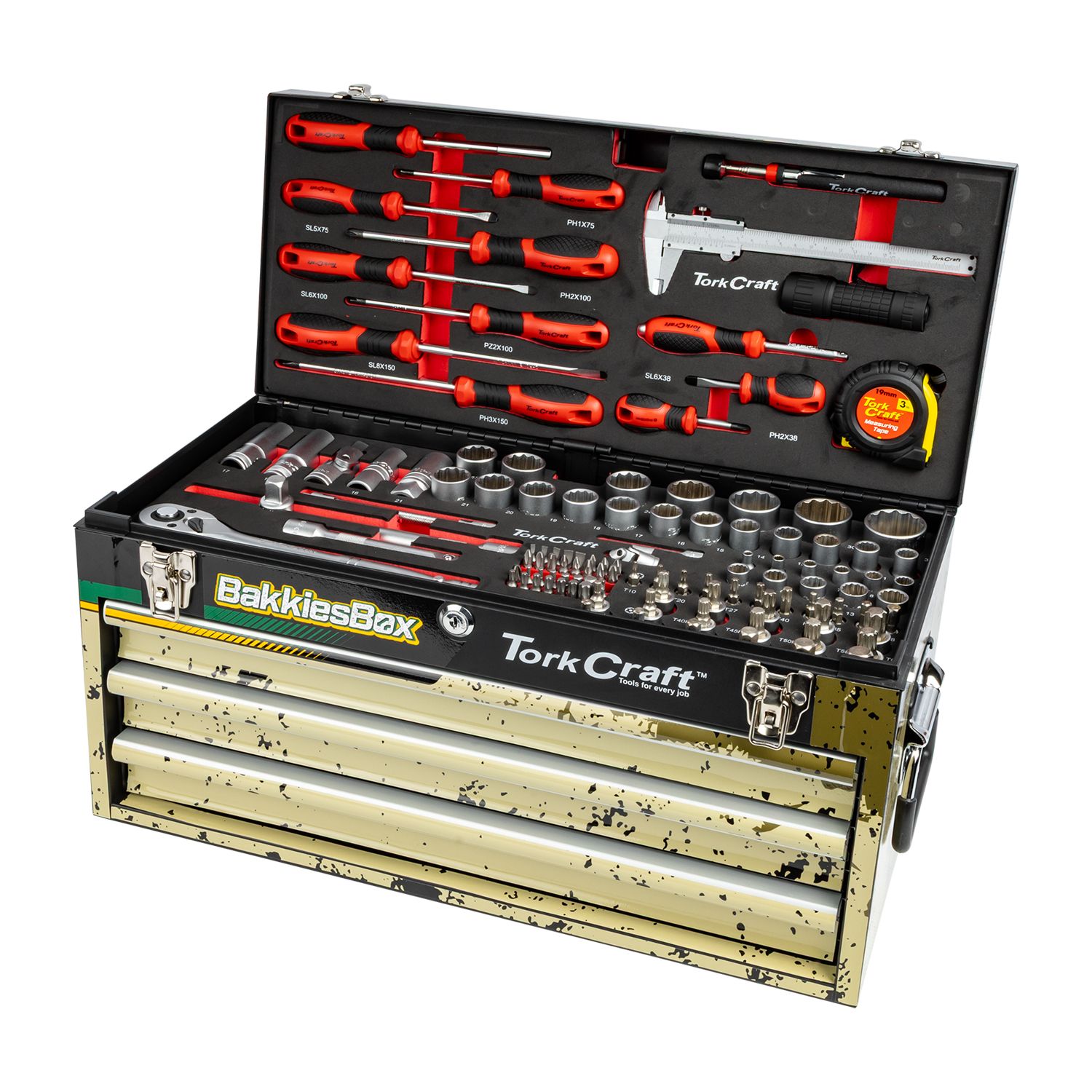 TORK CRAFT BakkiesBox Limited Edition 154-Piece 3-Drawer Track Box Tool Set TCTB154LTD