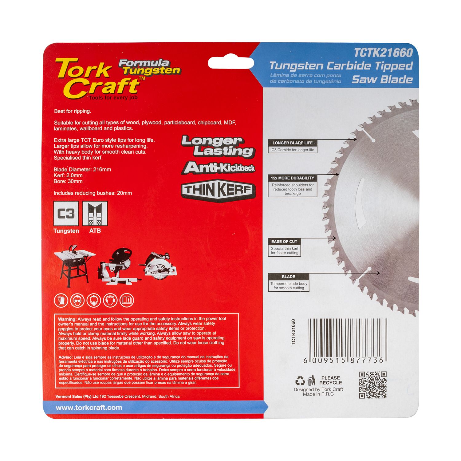 Tct Saw Blade 216mm X 2.0mm X 30mm X 60t Wood Thin Kerf
