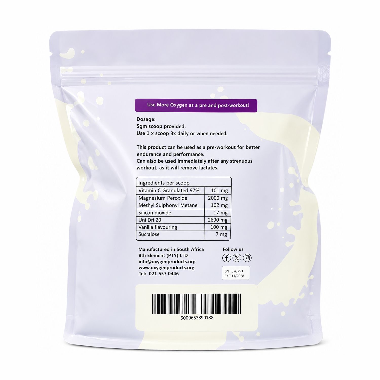 Oxygen Products Pre & Post +Oxygen Workout Vanilla Powder 500g