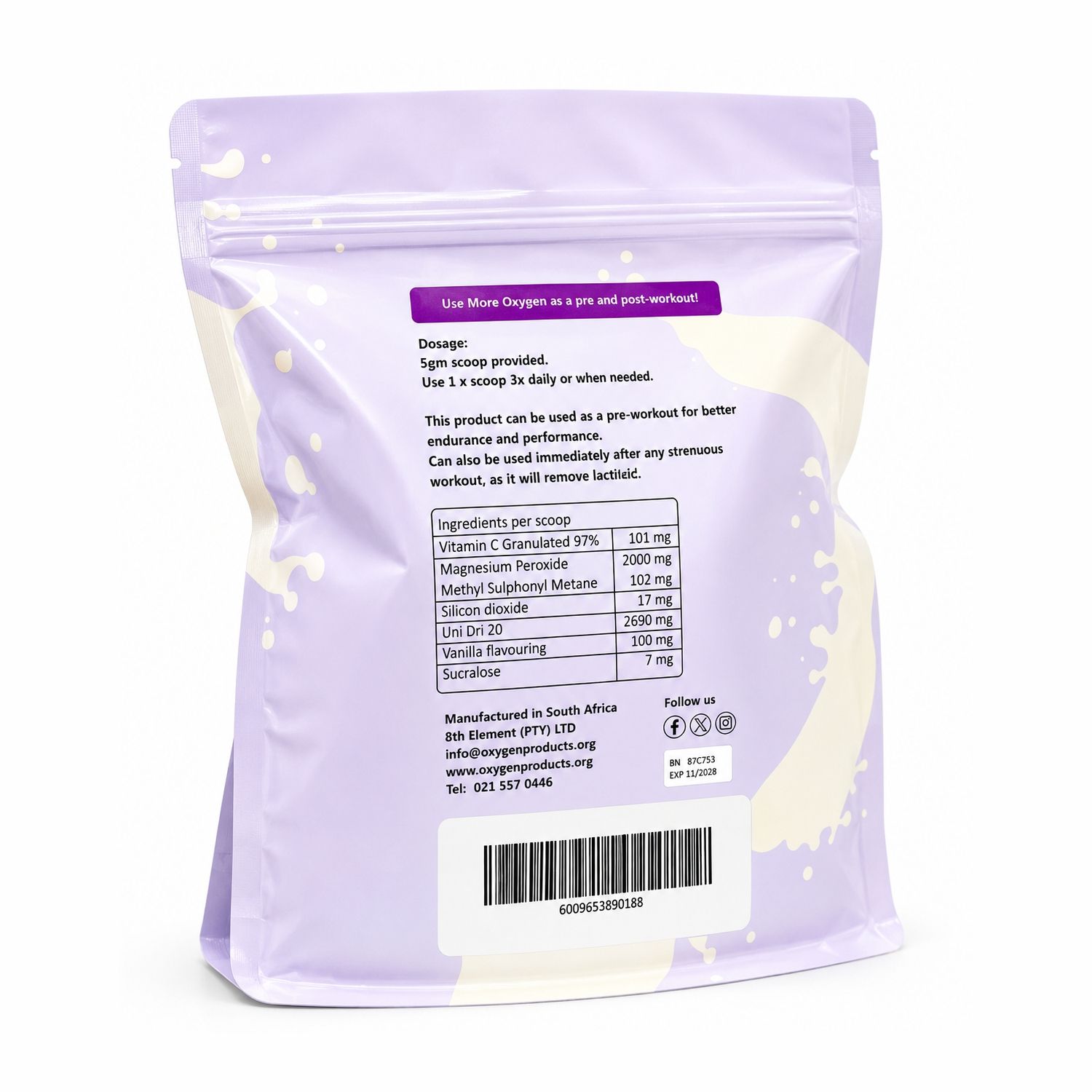 Oxygen Products Pre & Post +Oxygen Workout Vanilla Powder 500g
