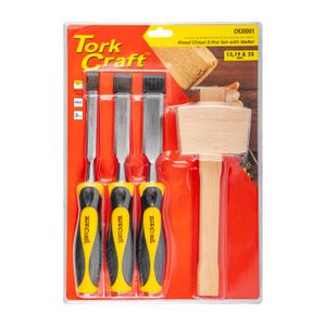 Chisel Set Wood 3 Piece Plus Wooden Mallet Blister